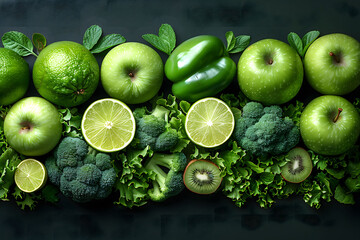Group of Green Fruits and Vegetables on Black Background