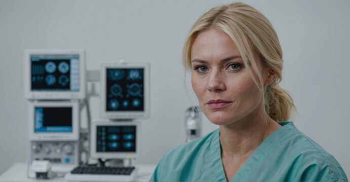 A capable blonde surgeon, cap in place, professionally showcased against a clean white background, skillfully photographed with the Canon EOS 7D Mark IV.