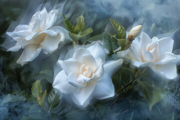 Ethereal White Gardenia Flowers in Misty Blue Hues Banner