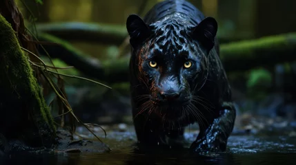Tafelkleed the stealthy movements of a sleek black panther in the darkness, emphasizing the elusive nature of this big cat © Tina