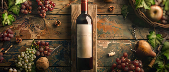 Rustic charm, a promotional vignette of an unlabeled bottle of wine, a glass, rural setting, grapes