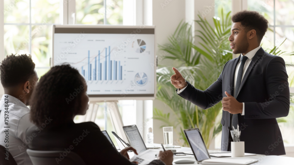 Poster business presentation taking place with a well-dressed man pointing at a chart on a display board wh