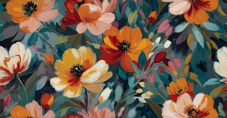 A unique and abstract interpretation of a floral pattern, with bold brushstrokes and a mix of vibrant and muted colors, rendered in an impressionist style