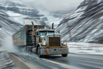 Speeding Semi Truck in Snowy Mountain Pass Dynamic Banner