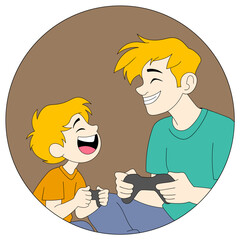 Fototapeta premium father's day commemorative cartoon doodle illustration, father and son playing console games together, they are happy