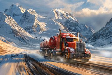 Red Semi Truck Speeding on Snowy Mountain Road Banner - obrazy, fototapety, plakaty