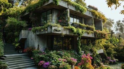 Fototapeta na wymiar the synergy between modernity and nature with a concrete house featuring greenery-covered walls and a garden bursting with an array of vibrant flowers