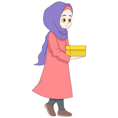 Ramadan cartoon doodle illustration of charity, a Muslim girl wearing a hijab brings gifts to the poor