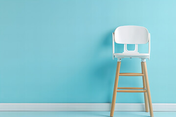 Minimalist Wooden Chair Against Serene Blue Wall Background Banner