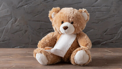 children's toy teddy bear sits with a bandaged head. Childhood trauma concept