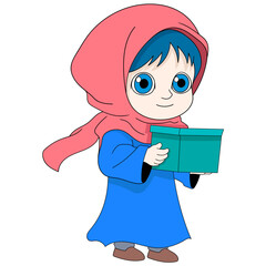 Ramadan cartoon doodle illustration of charity, a Muslim girl wearing a hijab brings a gift for a friend's birthday