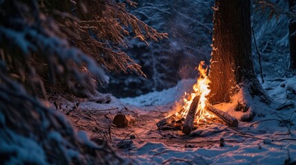 the tranquility of a bonfire in a serene hemlock forest, with the soft light and crackling flames enhancing the peacefulness of the winter night