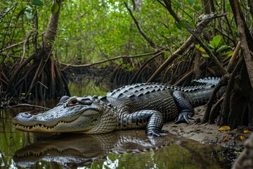 Jagged Alligator head. Tropical reptile wild. Generate Ai