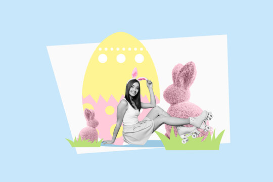 Composite photo collage of happy girl wear rollers skate pose pink topiary bush bunny easter egg spring grass isolated on painted background