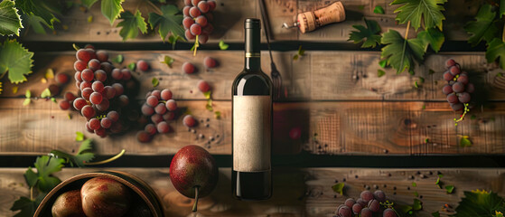 A bottle of wine sits on a table with a bunch of grapes and a bowl of potatoes - obrazy, fototapety, plakaty
