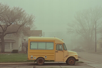 Vintage Yellow Bus on a Foggy Suburban Street Scene Banner