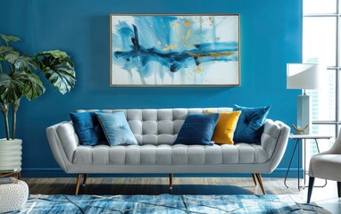  A beautiful Sofa in front of blue wall. Interior modern living room  with a frame.