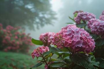 Serene Hydrangeas Blooming in Misty Enchanted Garden Nature Banner