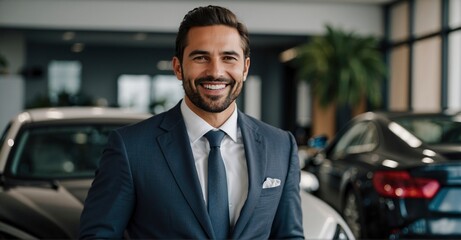 Automotive industry professional showcasing luxury cars with a genuine smile in a deluxe showroom - obrazy, fototapety, plakaty