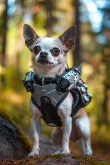 Chihuahua robot dog in nature. The helper dog