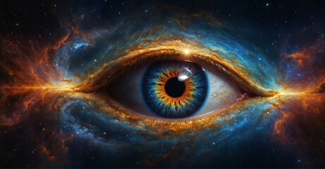 Cosmic eye illustration Iris reveals a galaxy, embodying the idea of universal vision and inner enlightenment. - obrazy, fototapety, plakaty