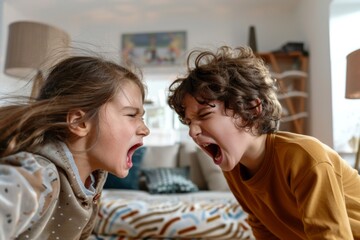 Portrait of two angry little siblings arguing screaming
