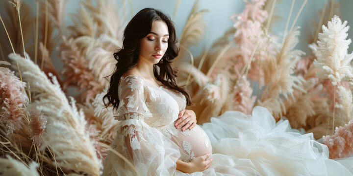A serene pregnant woman in a flowing pastel dress stands amongst soft pampas grass, embodying grace and the natural glow of expectant motherhood