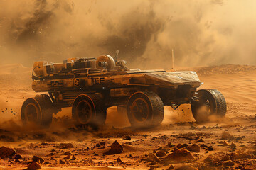 Futuristic All-Terrain Vehicle Speeds Through Harsh Martian Dust Storm Banner