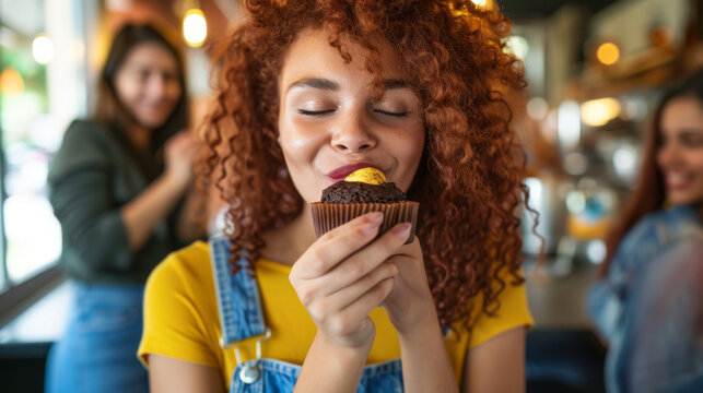 woman with vibrant red curly hair is enjoying the scent of a cupcake