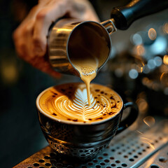 Close-up of a skilled barista pouring steamed milk into a cup of espresso, creating a beautiful latte art pattern