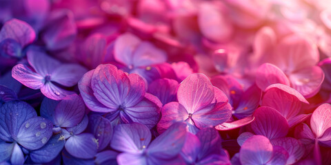 A macro shot captures the ethereal beauty of violet flower petals adorned with dewdrops, bathed in the soft glow of twilight, creating a dreamy, tranquil atmosphere