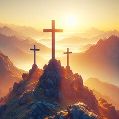 Three crosses on the top of the tall mountain at sunrise, three christian crosses on top of a Hill at sunset - Generative AI - obrazy, fototapety, plakaty