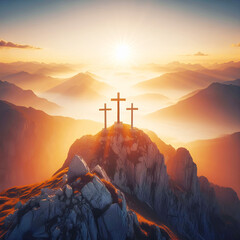 Three crosses on the top of the tall mountain at sunrise, three christian crosses on top of a Hill at sunset - Generative AI - obrazy, fototapety, plakaty