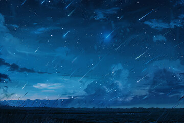 Dazzling Meteor Shower Over Tranquil Field Under Starry Night Sky Banner