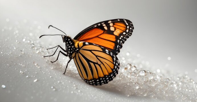 Graceful and vibrant, a Monarch Butterfly flits against a flawless white background, its wings casting a breathtaking display of nature's artistry.