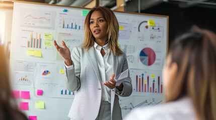 Professional woman giving a presentation with various charts and graphs in the background