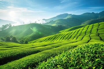 Fototapeta na wymiar Aerial view of a lush green tea estate on rolling hills under a clear blue sky. Sunlight casting shadows on the hyper-realistic tea plantation, depicting the beauty of agriculture and nature