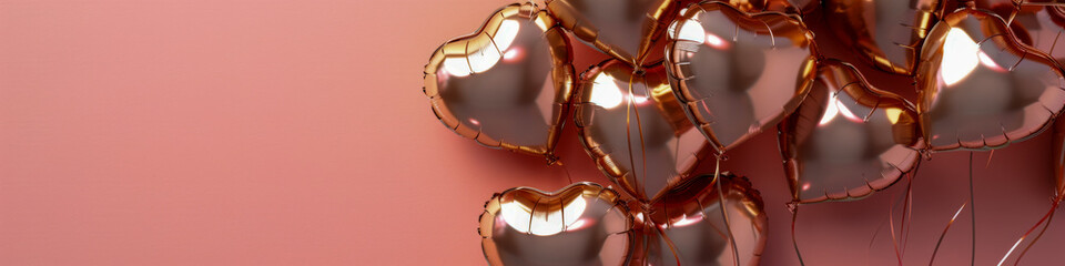 A cluster of rose gold heart-shaped balloons floating gracefully in the air, creating a beautiful and eye-catching sight as they drift upwards