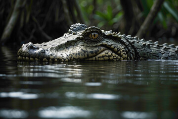 Naklejka premium In the stillness of the marshlands, the crocodile lurks like a prehistoric sentinel, its ancient eyes reflecting the secrets of countless ages, while its rugged scales bear testament to the resilience
