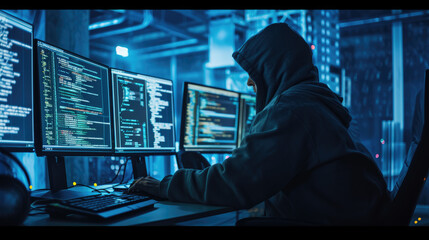 Person in a hooded jacket from behind, working on a computer with multiple screens displaying complex coding software