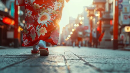 Woman foot can be seen wearing a kimono in the middle of a busy city. A kimono journey amidst urban...