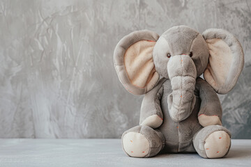 Adorable Grey Plush Elephant Toy Sitting on a White Surface - Banner - obrazy, fototapety, plakaty