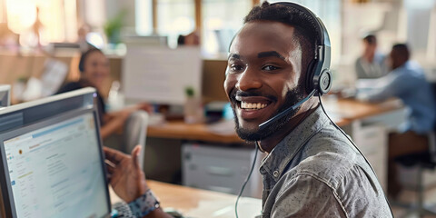 A man wearing a headset smiles at the camera, embodying an engaging customer service representative in a call center