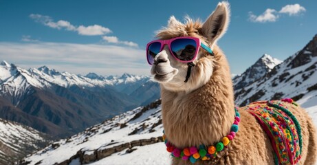  In a sky of spun sugar, a llama soars with majesty, its stylish sunglasses adding a dash of flair to its already enchanting journey - obrazy, fototapety, plakaty