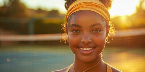 A young African American girl is holding a tennis racquet on a tennis court, preparing to play a game. The sunny weather and green surroundings provide the perfect setting for a sports activity