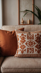 Close-up of a beige fabric sofa with terra cotta pillows, portraying the inviting and laid-back atmosphere of a boho-style modern living room.