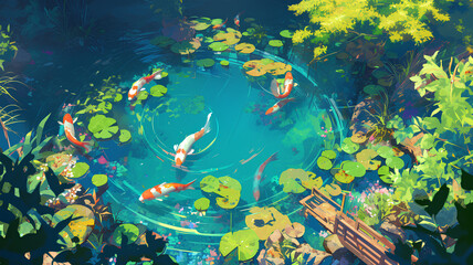 Fototapeta na wymiar Beautiful koi pond and rocks, stunning 3d background