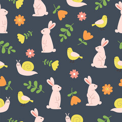 Seamless pattern of cute rabbits, birds, snails and flowers on dark grey background. Template for postcard, card, print, wallpaper - obrazy, fototapety, plakaty