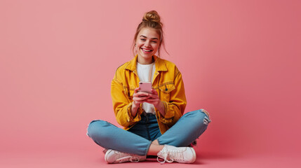 Fototapeta premium Joyful young woman in a yellow jacket and jeans sitting cross-legged, using a smartphone with a delighted smile on her face.