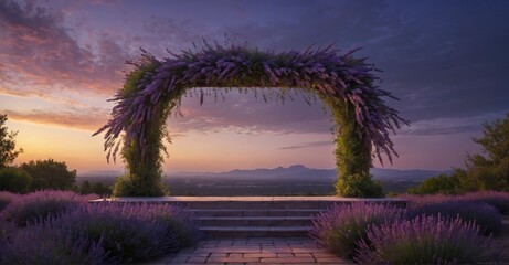 Matte painted empty product podium under a lavender lilac arch exudes whimsy against a twilight...